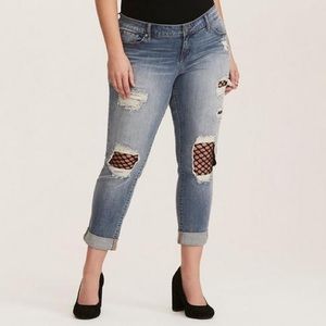 Torrid Jeans Women’s 26 Fishnet Inset Boyfriend Distressed Denim Plus Size